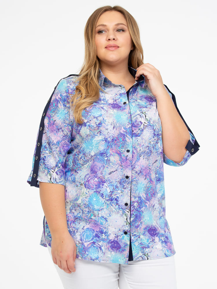 Принтованная блузка с контрастной отделкой, синяя
