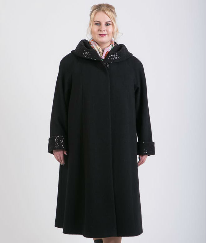 Драповое демисезонное пальто с пайетками, черное