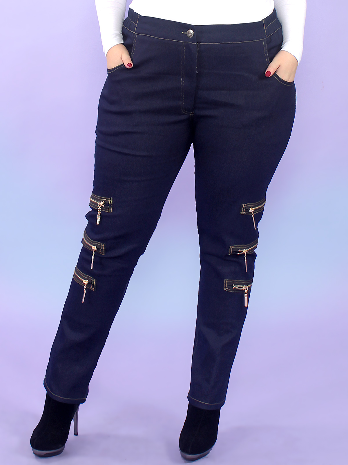 Зауженные джинсы-стрейч с декоративными молниями, синие