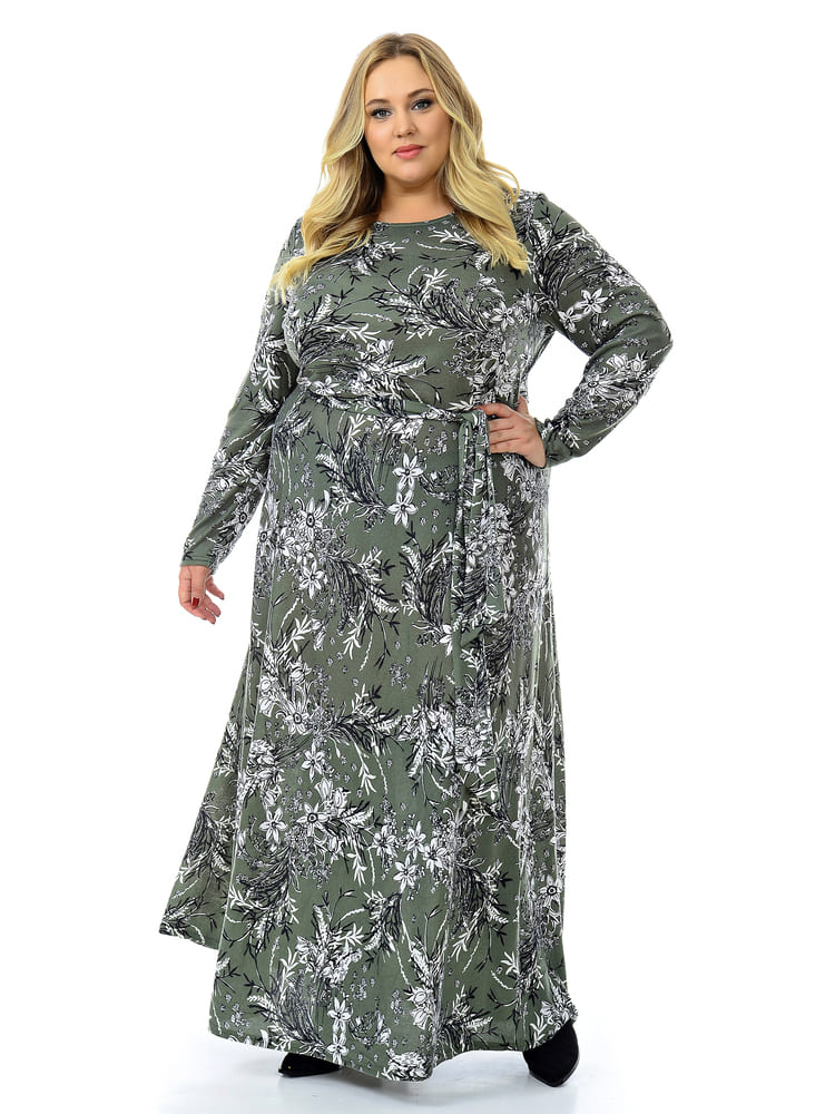 Трикотажное платье с длинным рукавом и поясом, зеленое