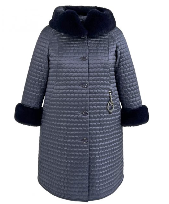 Зимнее пальто с геометрической стежкой и мехом, темно-синее
