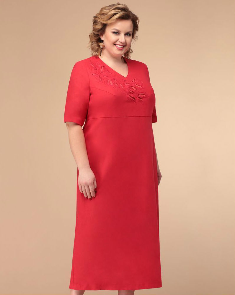 Длинное платье с вышивкой ришелье на лифе, красное