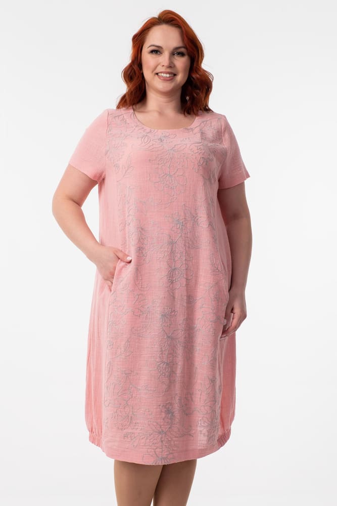 Прямое платье с вышивкой и карманами, розовое