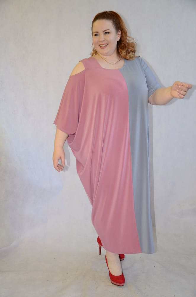 Свободное комбинированное платье, серый с розовым