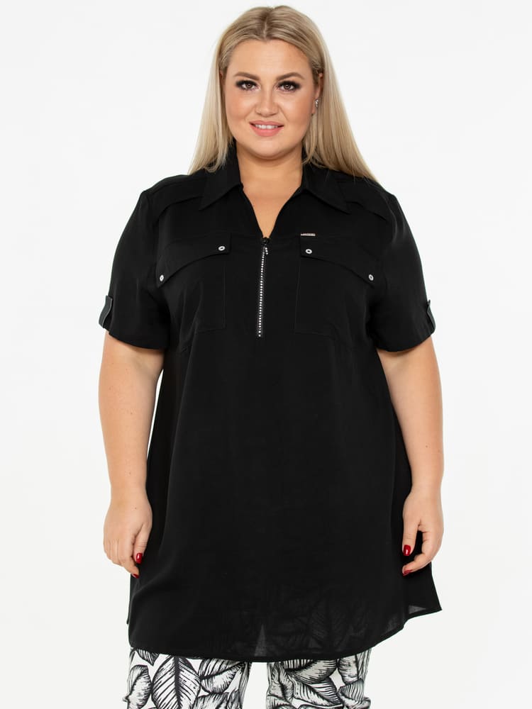 Свободная блузка на молнии с нагрудными карманами, черная