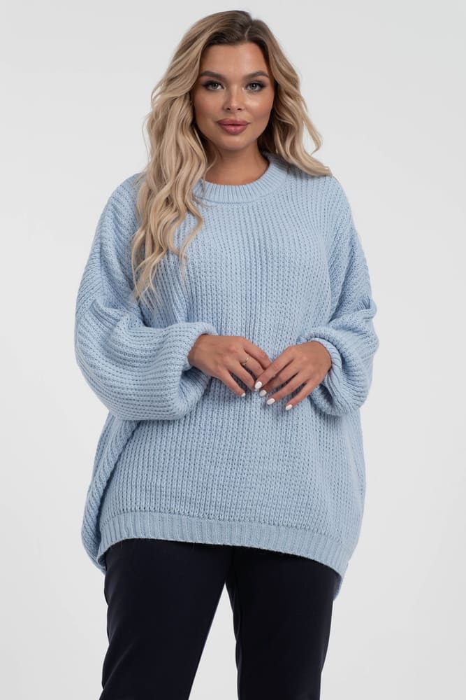 Объемный вязаный свитер с манжетами, голубой