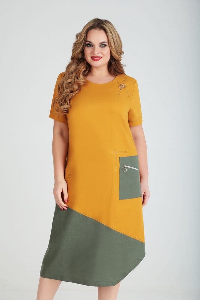 Свободное двухцветное платье с декором, горчица