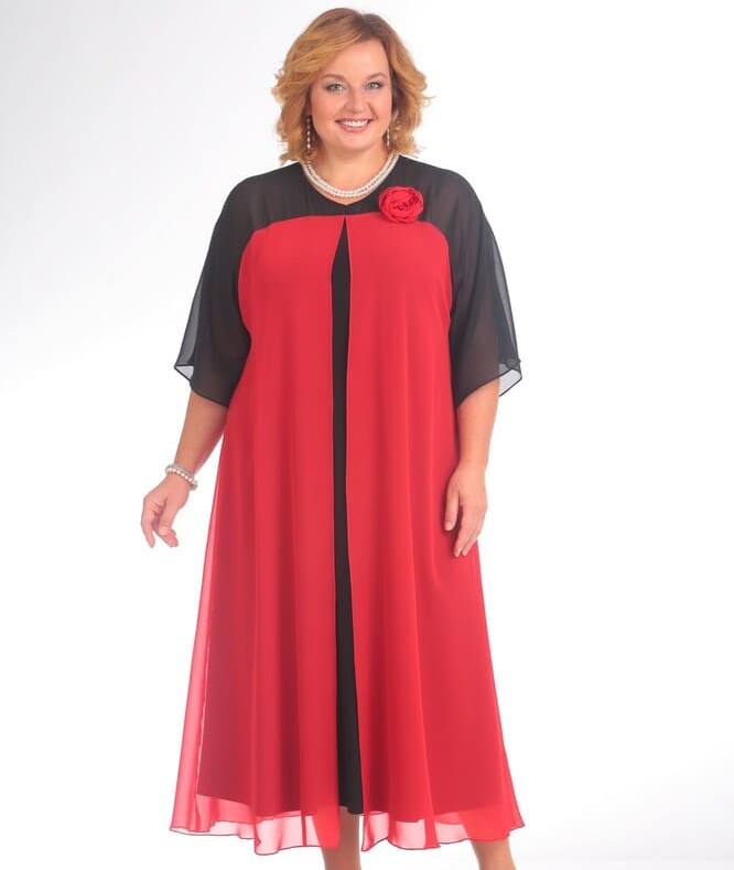 Трикотажное платье с отделкой шифоном, черный с красным