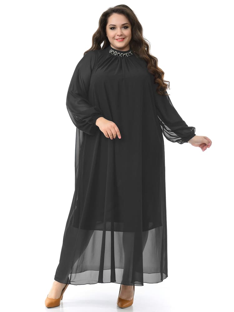 Шифоновое платье с украшением на воротнике, черное