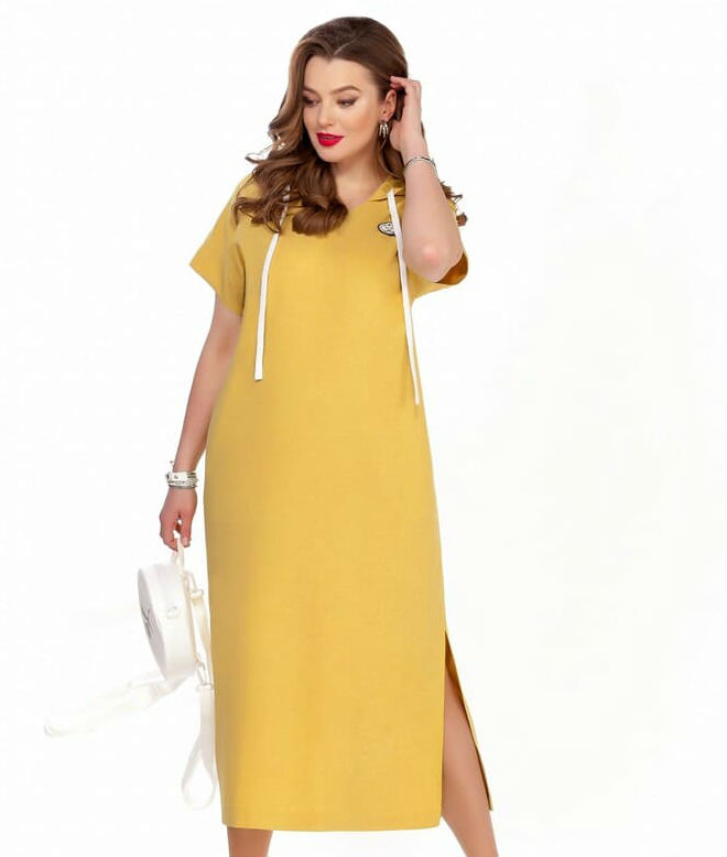 Длинное льняное платье с капюшоном, желтое