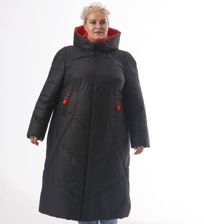 Длинное прямое пальто с красной отделкой, черное