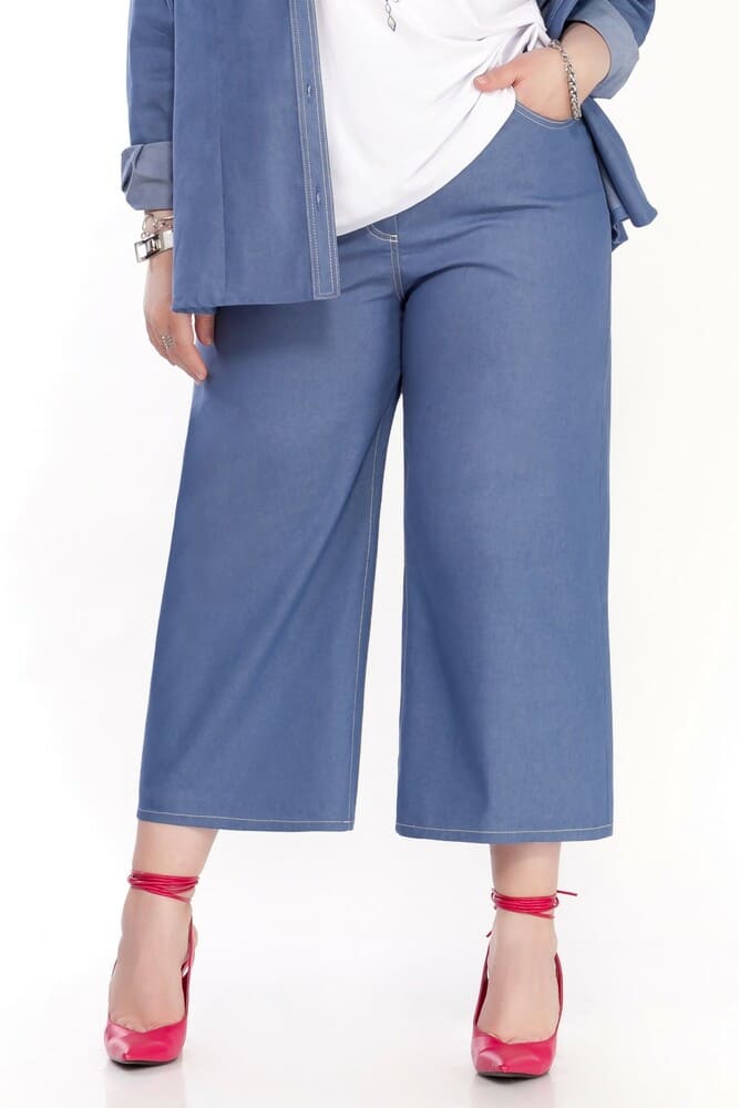 Укороченные прямые брюки с карманами, синие