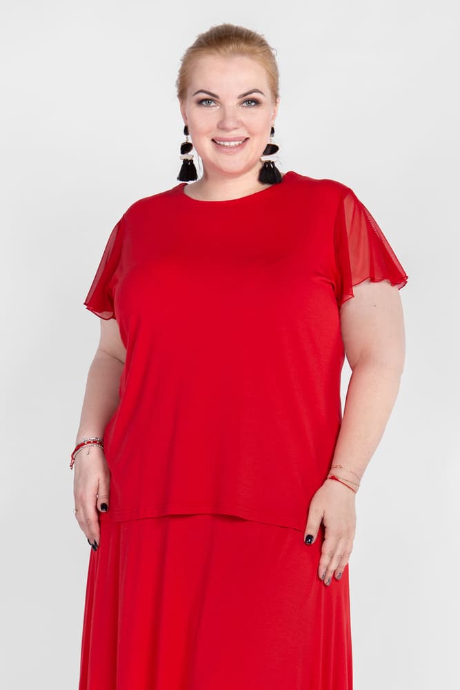 Приталенная блузка с коротким рукавом из сетки, красная