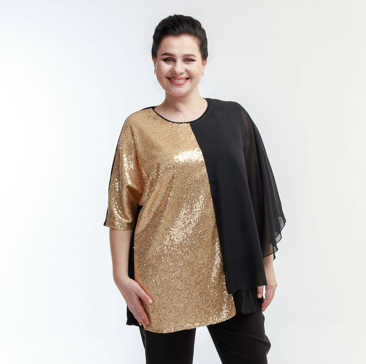 Комбинированная блузка из шифона и пайеток, черная с золотом