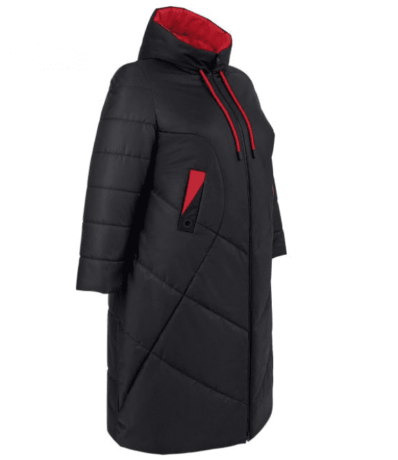 Демисезонное прямое пальто с красной отделкой, черное
