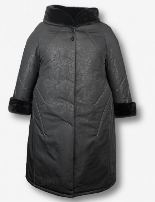 Длинное пальто с узором с отделкой эко-мехом норки, черное