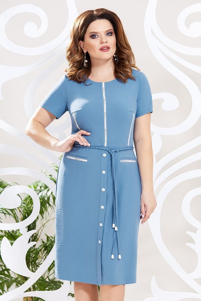 Легкое платье с декором и съемным поясом, голубое