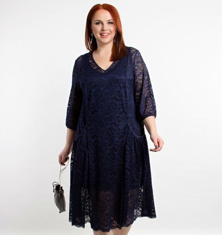 Свободное кружевное платье с разрезами спереди, темно-синее