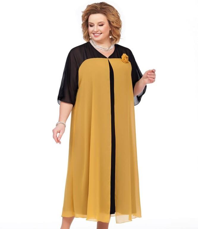 Трикотажное платье с отделкой шифоном, черный с желтым