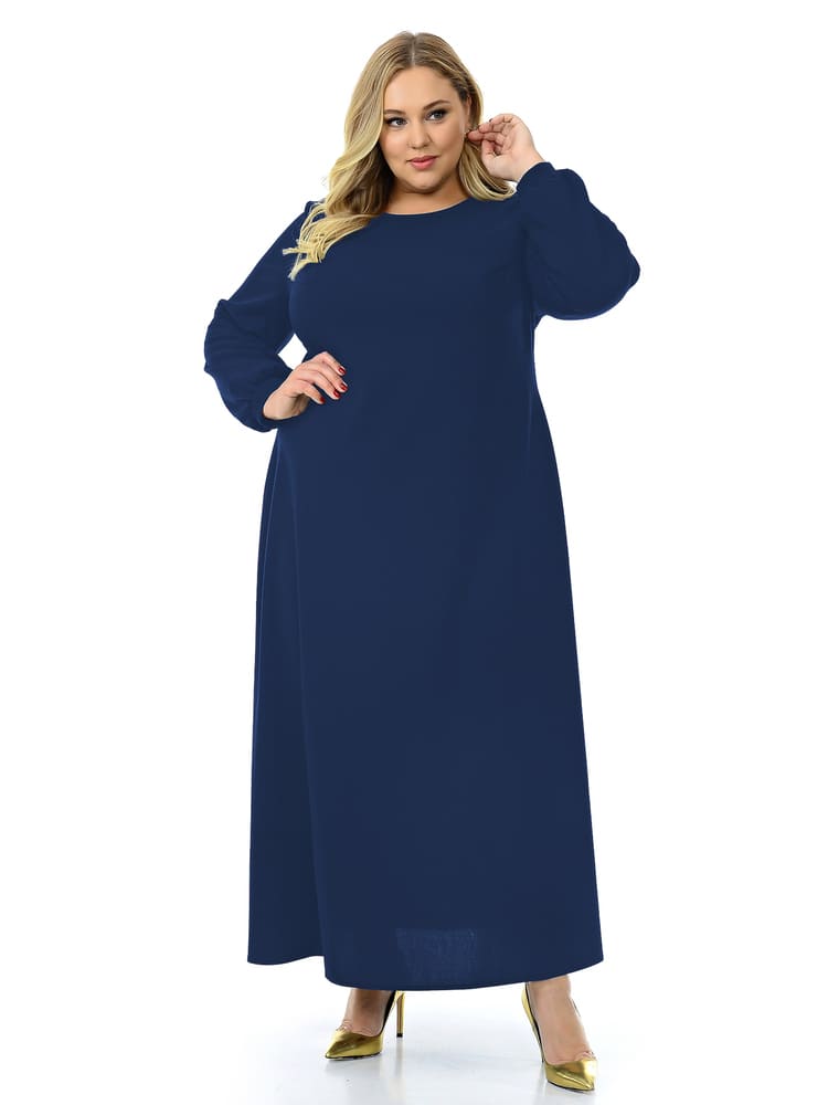Длинное платье с легкой сборкой на рукаве, темно-синее