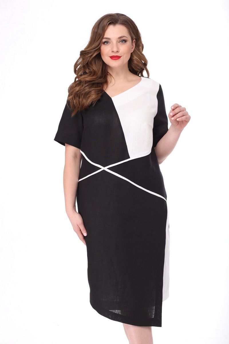 Асимметричное льняное платье с коротким рукавом, черное