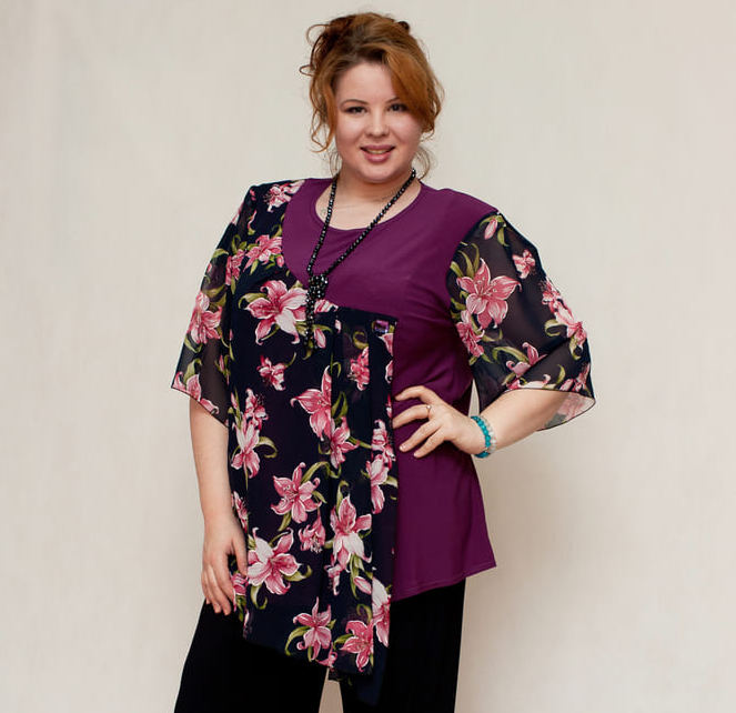 Трикотажная блузка с принтованным шифоном, фиолетовая