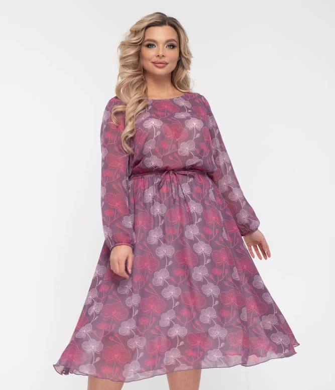 Шифоновое платье с поясом, розово-фиолетовое