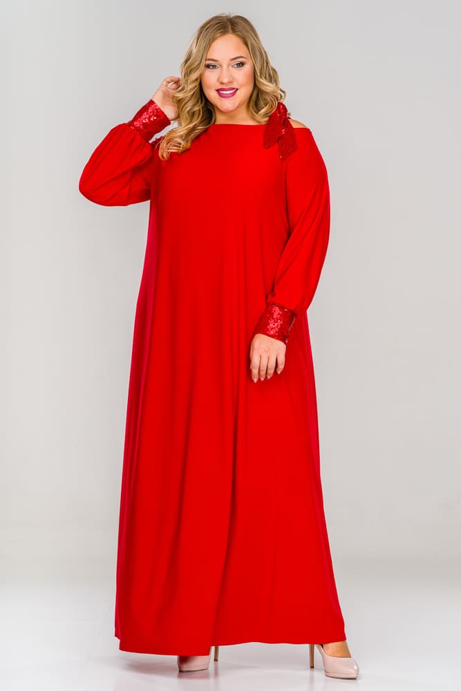 Свободное длинное платье с манжетами из пайеток, красное