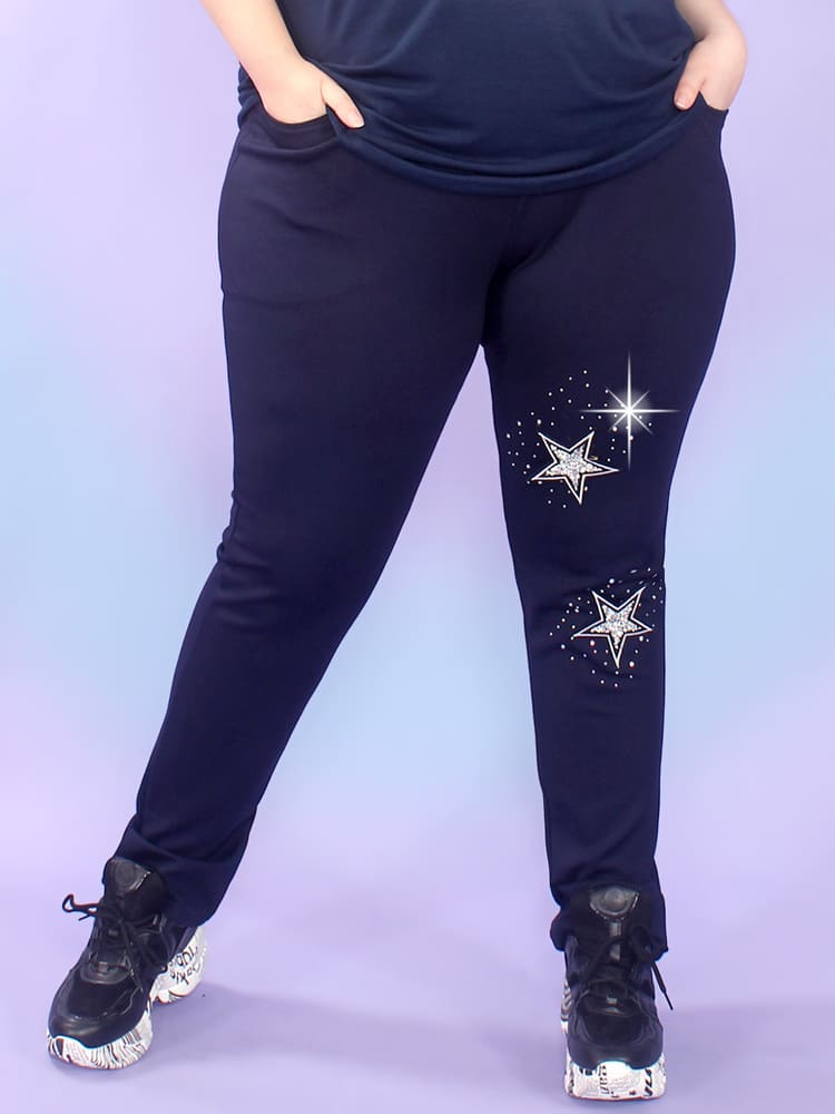 Трикотажные брюки-утяжки с аппликациями из страз, синие