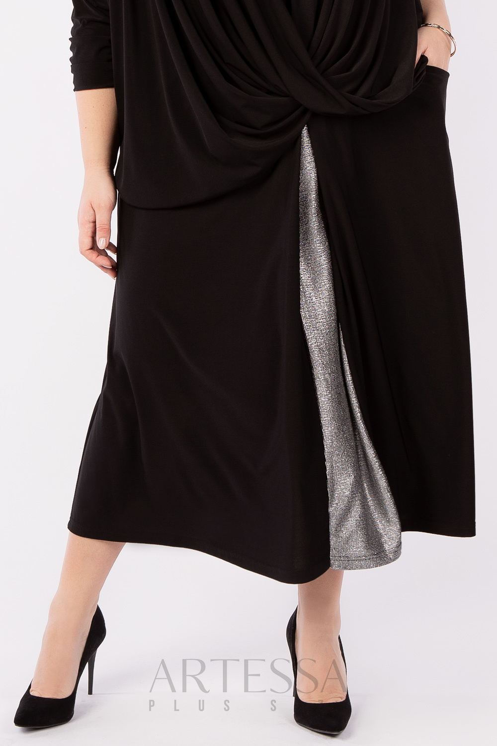 Расклешенная юбка с блестящей вставкой, черная