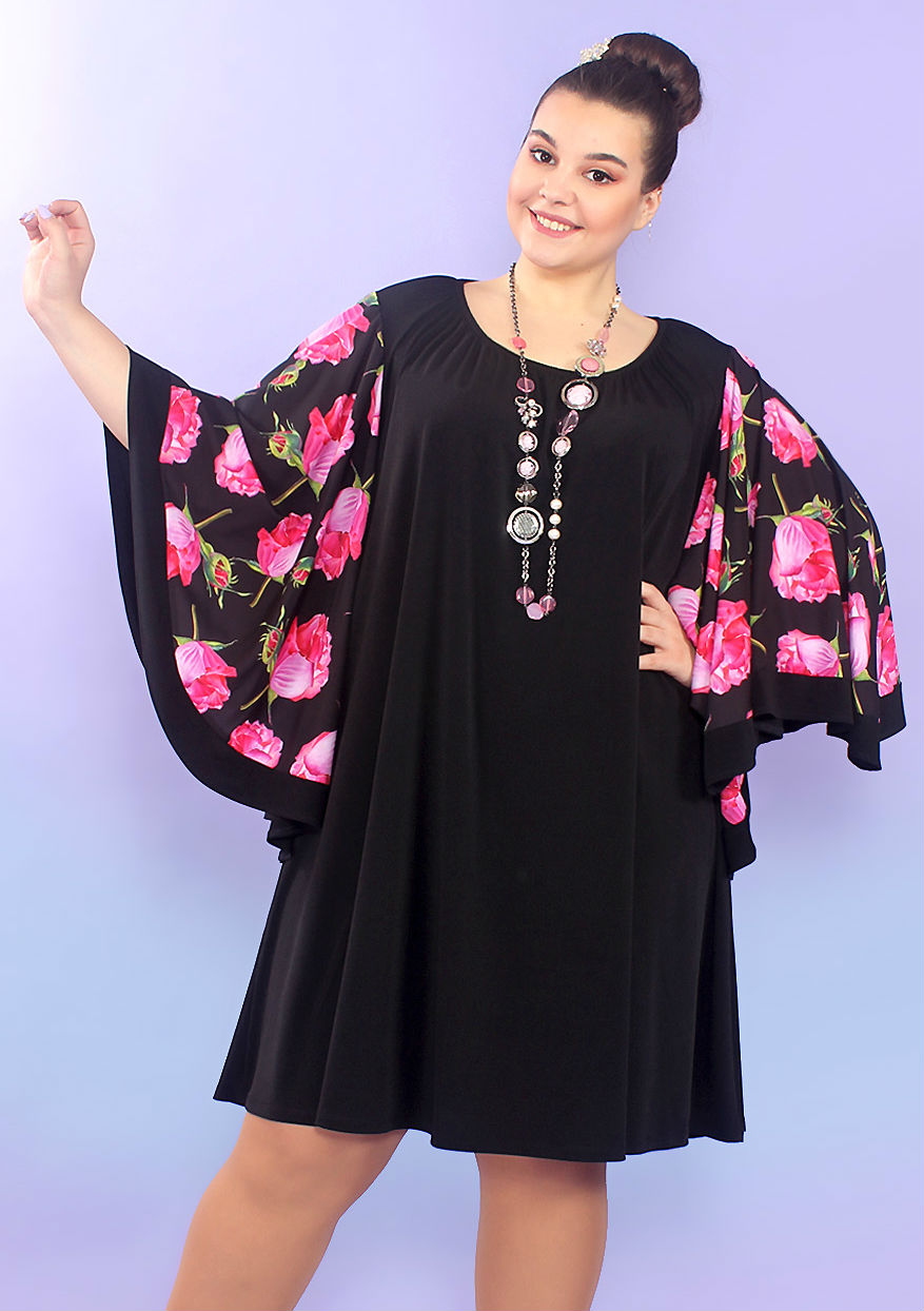Свободное платье с яркими цветами на рукавах, черное