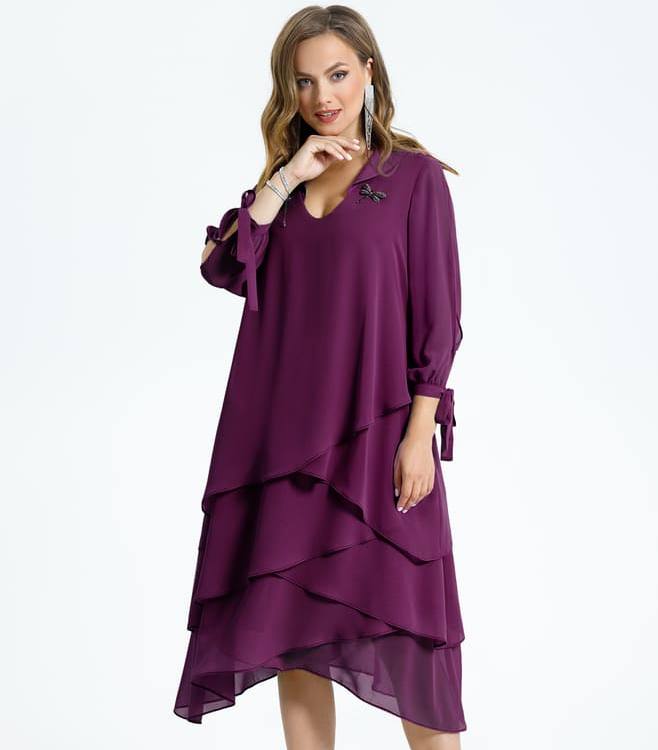 Трехъярусное платье с декором на рукавах, фиолетовое
