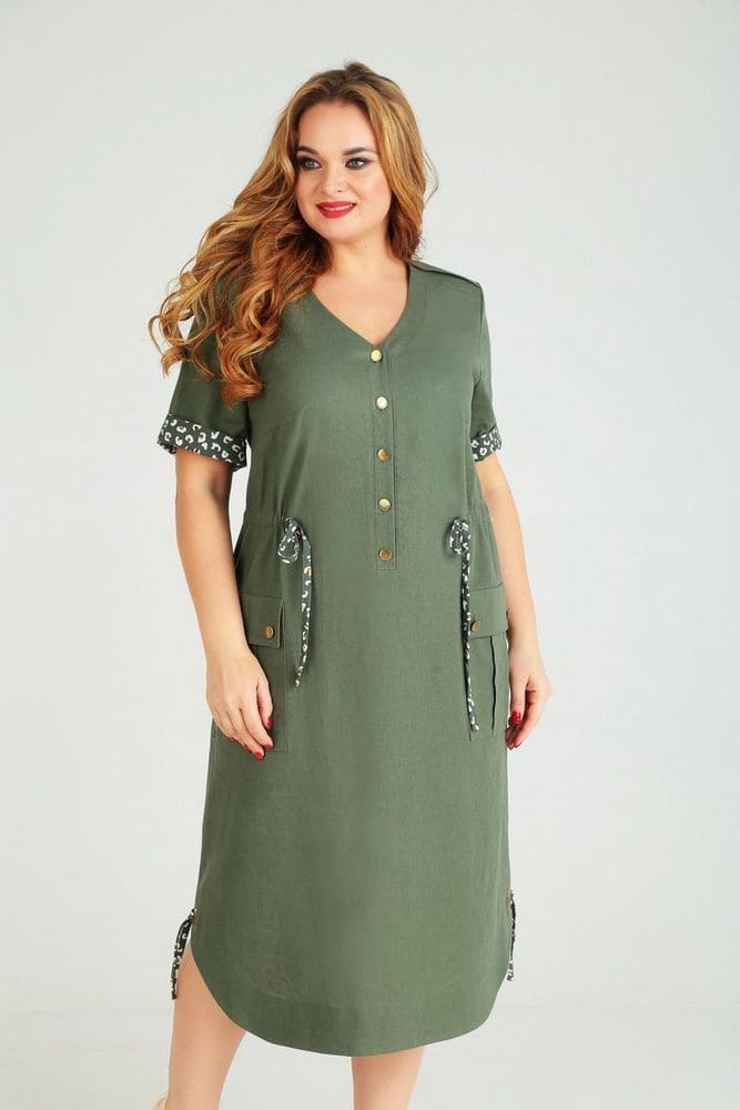 Свободное платье с принтованой отделкой, зеленое