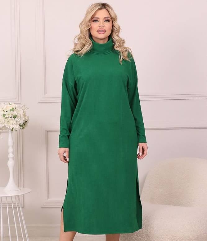 Платье с воротником-хомут и боковыми разрезами, зеленое