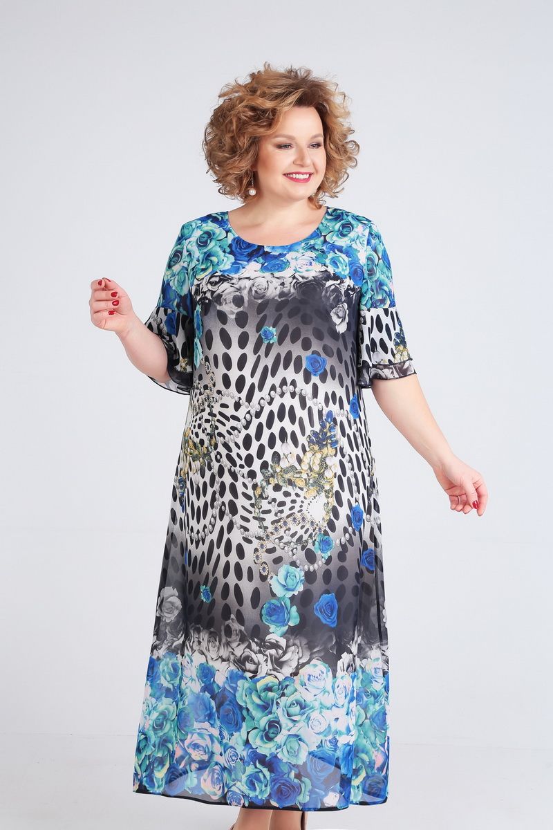 Свободное шифоновое платье с коротким рукавом, голубое