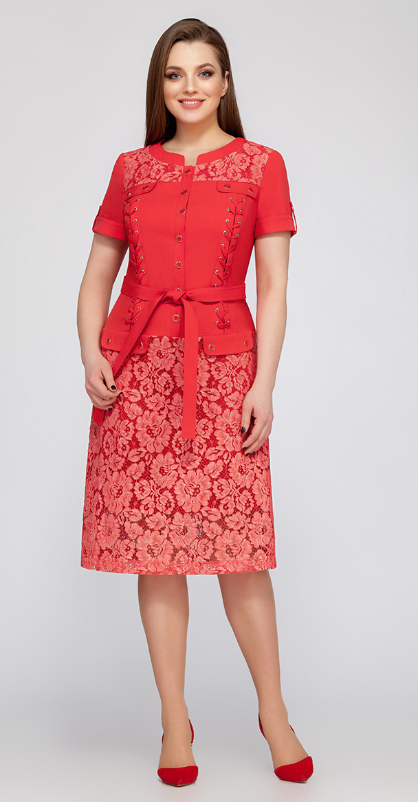 Платье с кружевной отделкой и поясом, красное