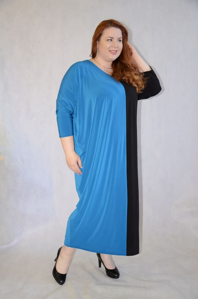 Длинное комбинированное платье, черный с голубым