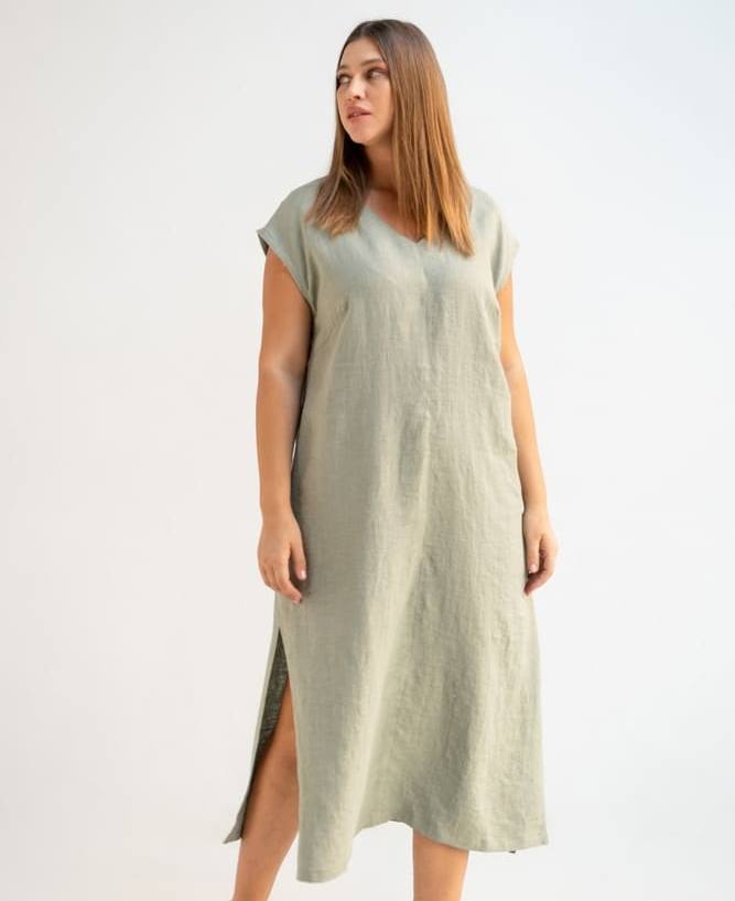 Длинное льняное платье с коротким рукавом, олива