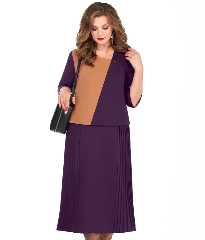 Комплект из прямой юбки и двухцветной блузы с поясом, фиолетовый