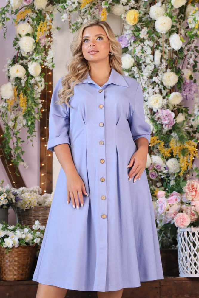 Трикотажное платье-рубашка с карманами, голубое