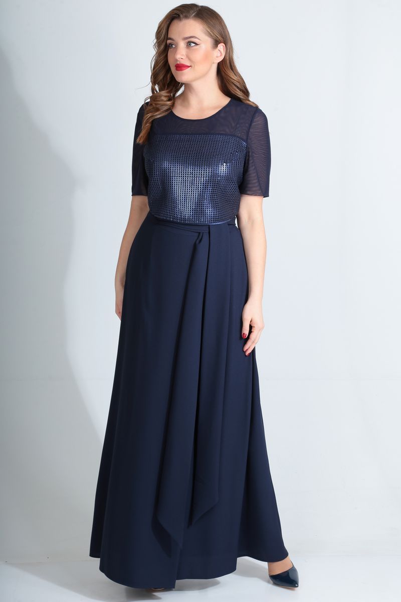 Комплект из длинной юбки и блузки с коротким рукавом, темно-синий
