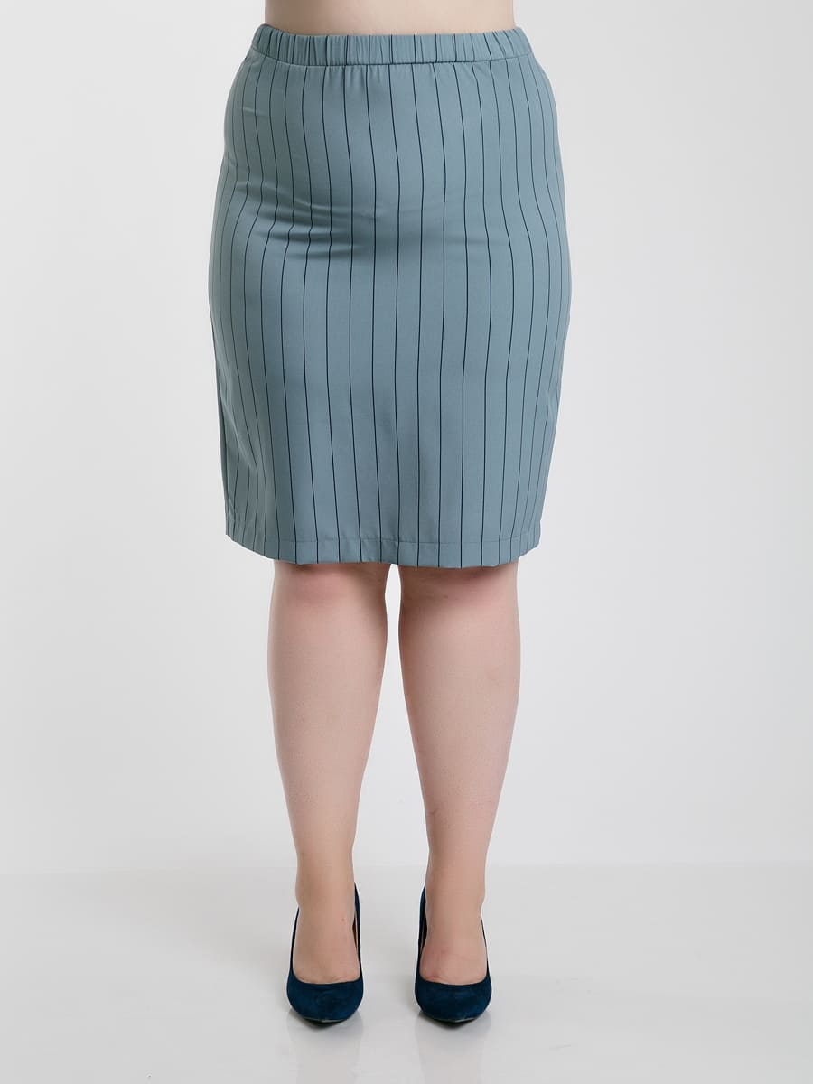 Зауженная юбка с поясом на резинке и шлицей, грязно-голубая в полоску