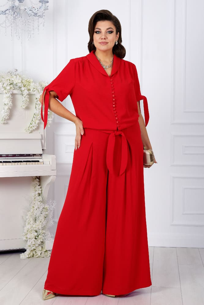 Комплект из широких брюк и блузки с кулисой на рукаве, красный
