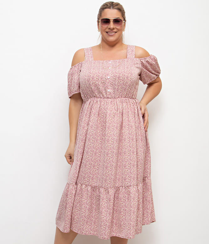 Платье с открытыми плечами и резинкой на талии, розовое