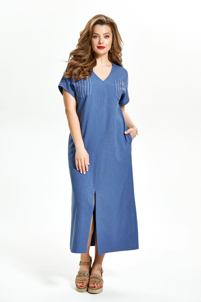 Длинное льняное платье с высоким разрезом, синее