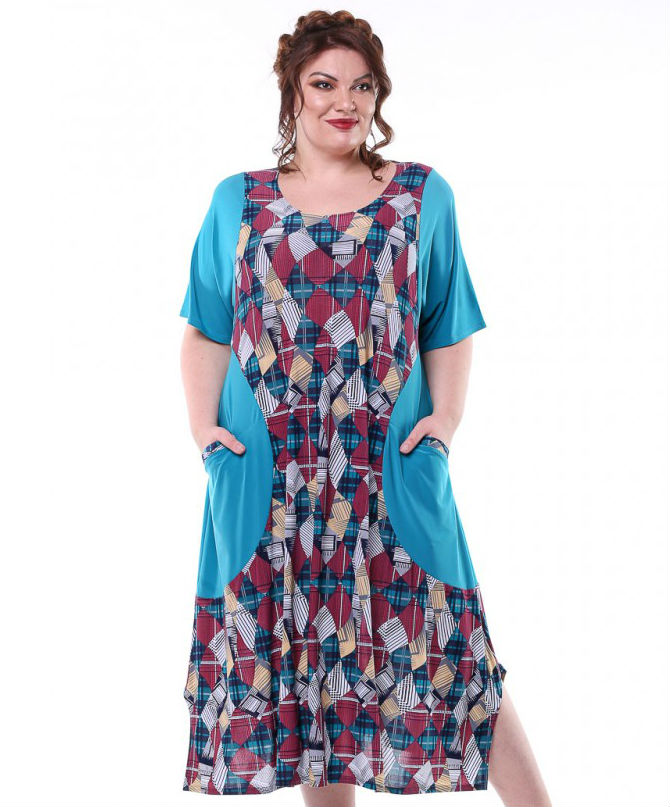 Свободное комбинированное платье с карманами, голубое