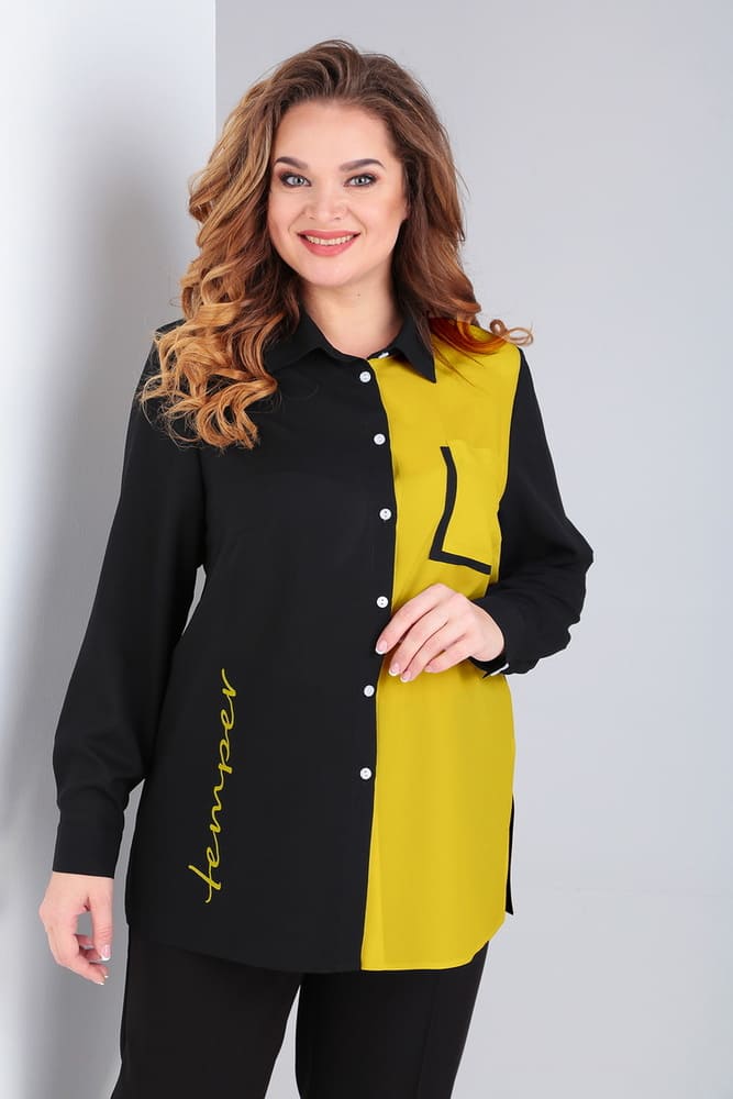 Блузка с нагрудным карманом и надписью, черная с желтым