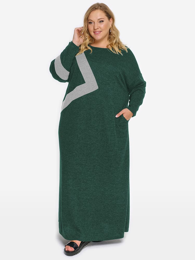 Длинное свободное платье с серыми вставками, зеленое