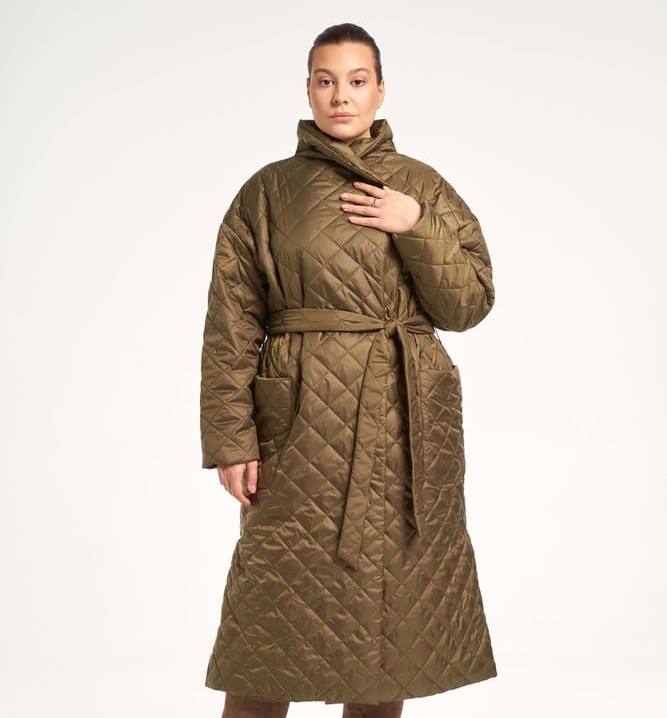 Длинное пальто-халат с поясом, хаки