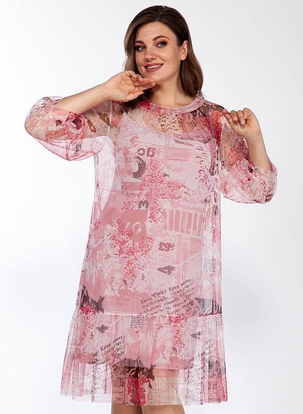Платье из принтованной сетки на подкладке, розовое